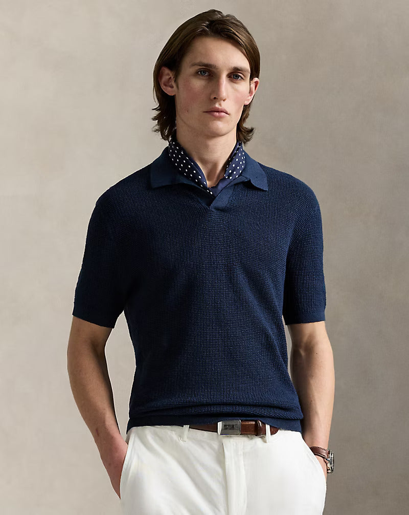 Model wearing POLO Ralph Lauren - Mesh Knit Linen SS Sweater in Blue