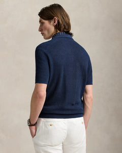 Model wearing POLO Ralph Lauren - Mesh Knit Linen SS Sweater in Blue - back