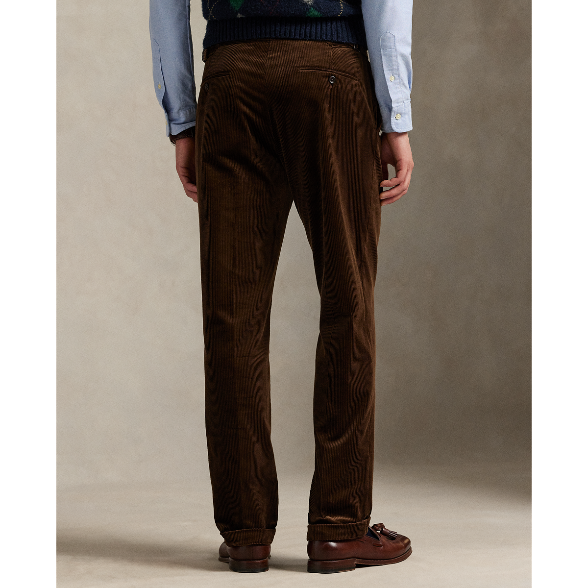Model wearing POLO Ralph Lauren - 8 Wale Corduroy Chester Trouser in Chestnut - back.
