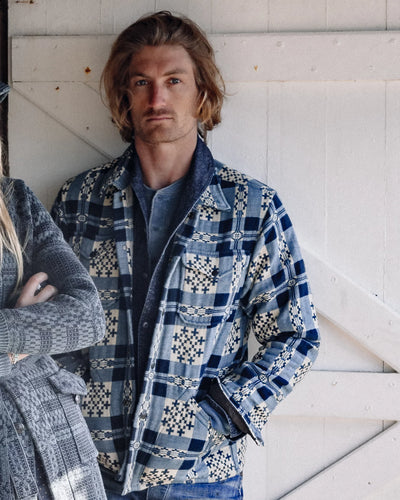 Model wearing RRL - Patterned Jacquard Overshirt in Cream/Navy.