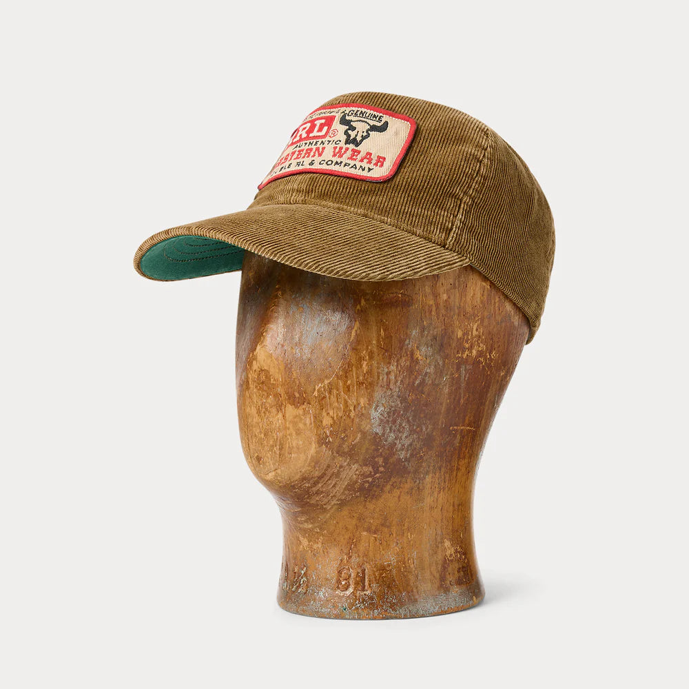 RRL - Logo Patch Corduroy Trucker Hat in Faded Tan.