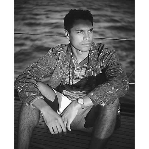 Model wearing RRL - Indigo Print Woven Overshirt in Indigo/White Multi.