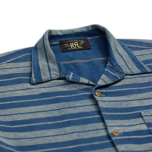 RRL - Indigo Striped Jersey Camp Shirt in Indigo Multi.