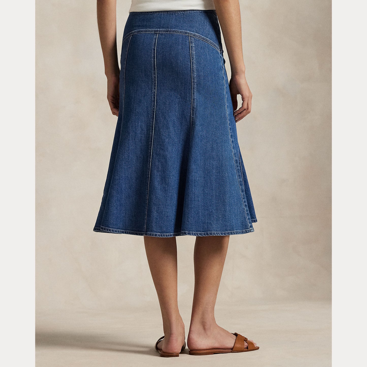 Model wearing Polo Ralph Lauren - Paneled Denim A-Line Skirt in Bostwich Wash - back.