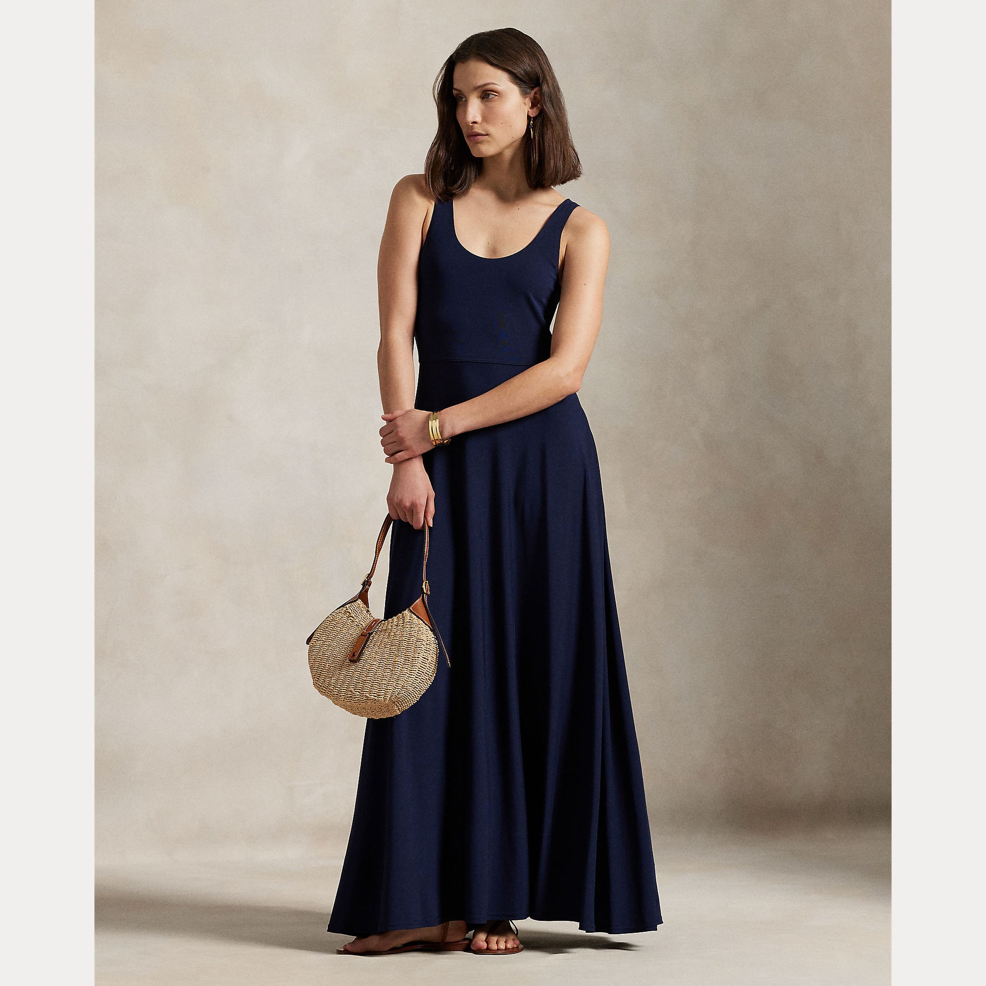 Model wearing Polo Ralph Lauren - Scoopneck Jersey Dress in Ink.