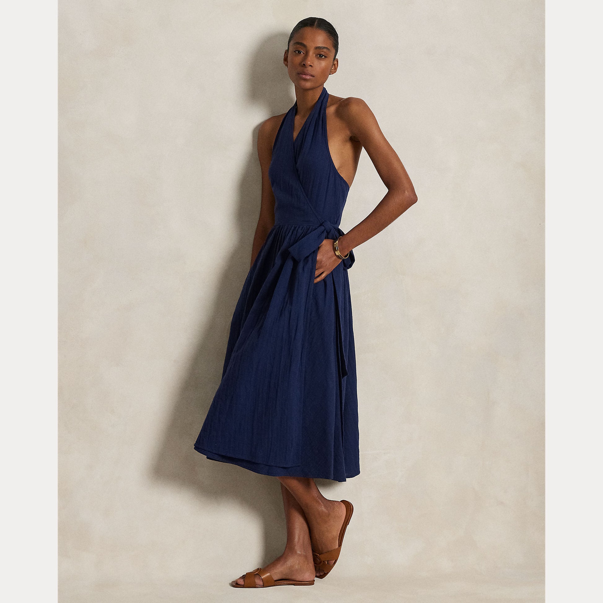 Model wearing Polo Ralph Lauren - Halter Sleeveless A-Line Dress in Newport Navy.