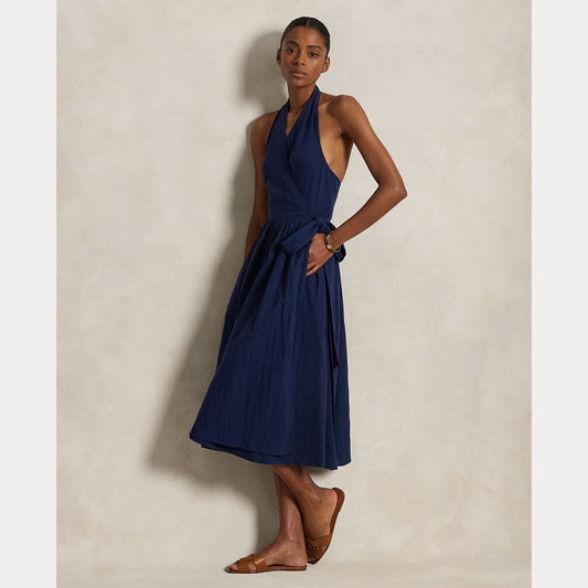 Model wearing Polo Ralph Lauren - Halter Sleeveless A-Line Dress in Newport Navy.