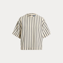Load image into Gallery viewer, Polo Ralph Lauren - Silk Nylon SS Crew Neck Blouse in White/Black Stripe.
