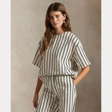 Load image into Gallery viewer, Model wearing Polo Ralph Lauren - Silk Nylon SS Crew Neck Blouse in White/Black Stripe.
