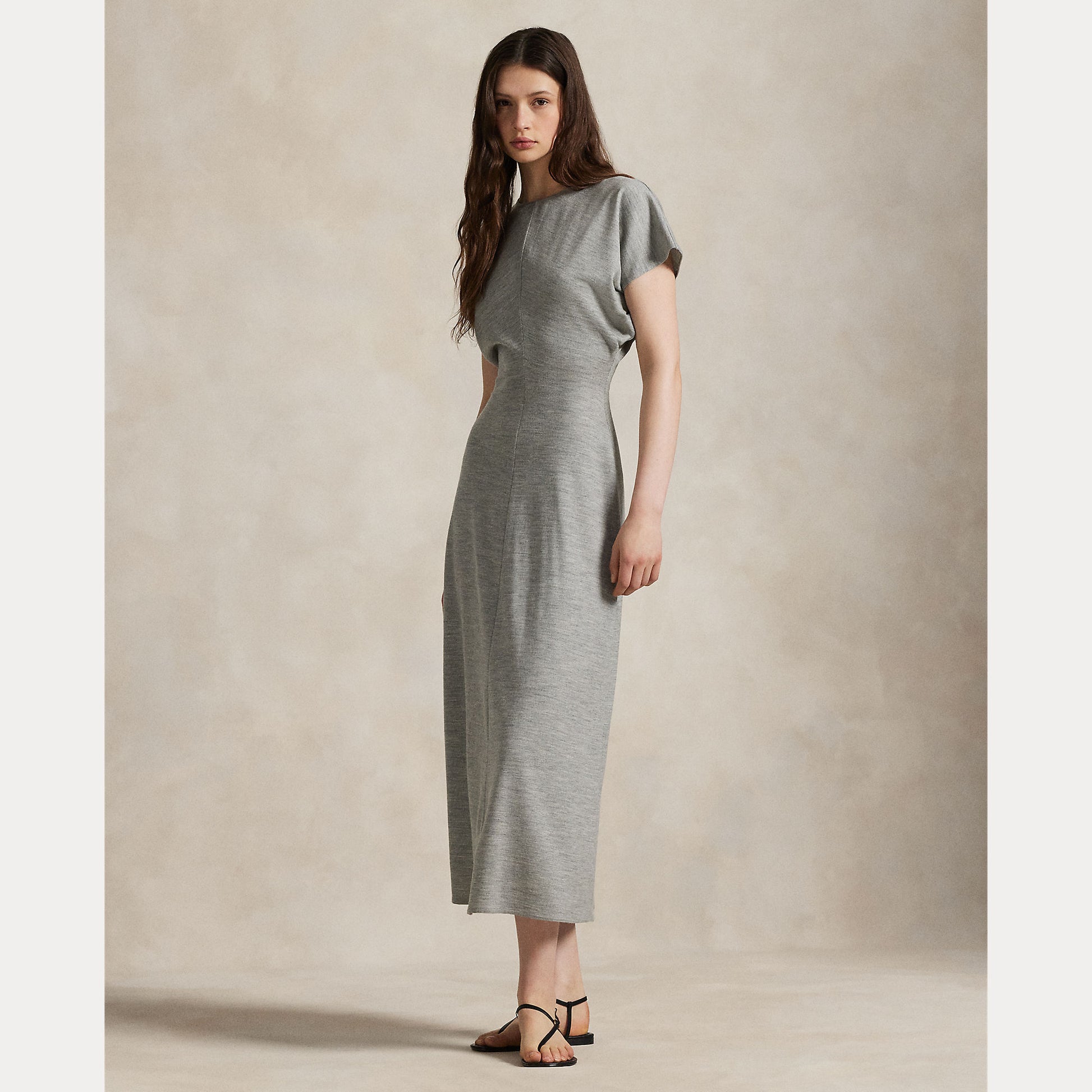 Model wearing Polo Ralph Lauren - Wool Jersey Knit Crew Neck SS A Line Dress in Light Smoke Heather.