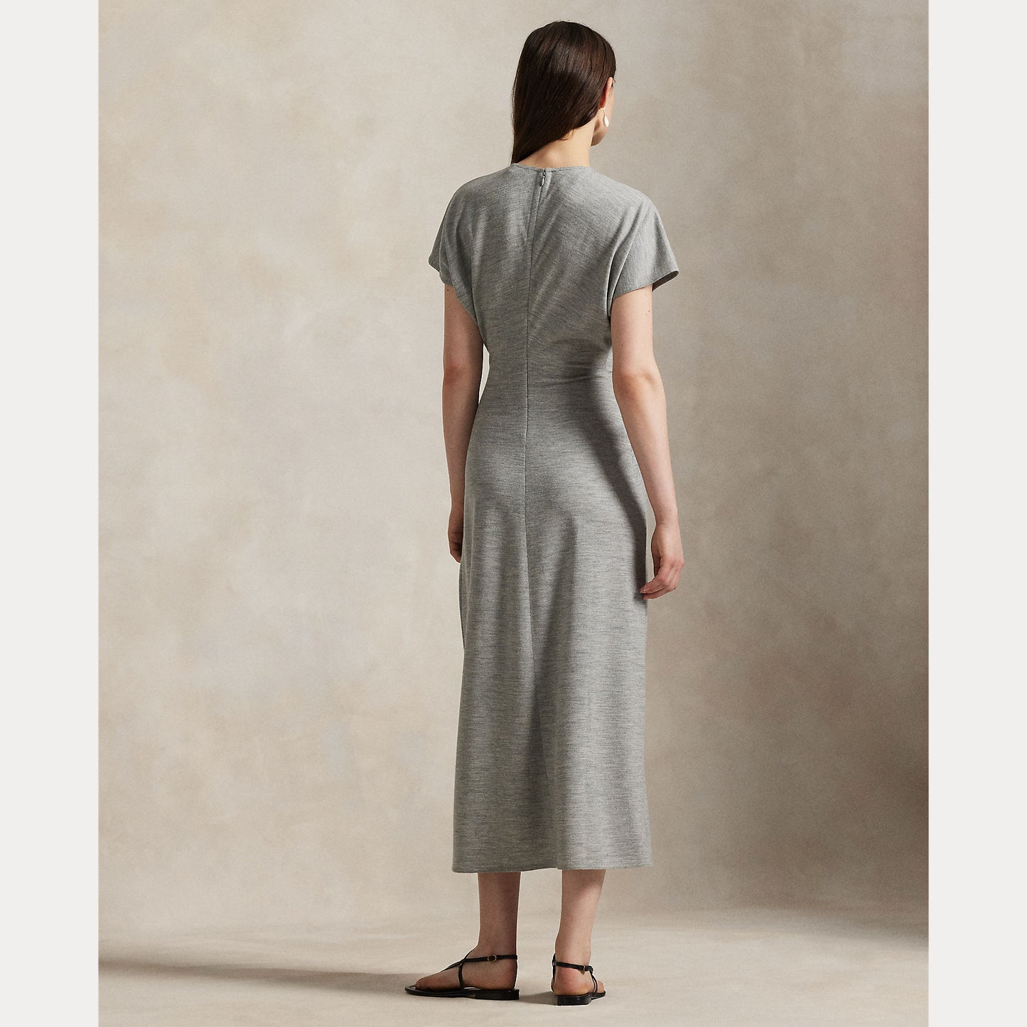 Model wearing Polo Ralph Lauren - Wool Jersey Knit Crew Neck SS A Line Dress in Light Smoke Heather - back.