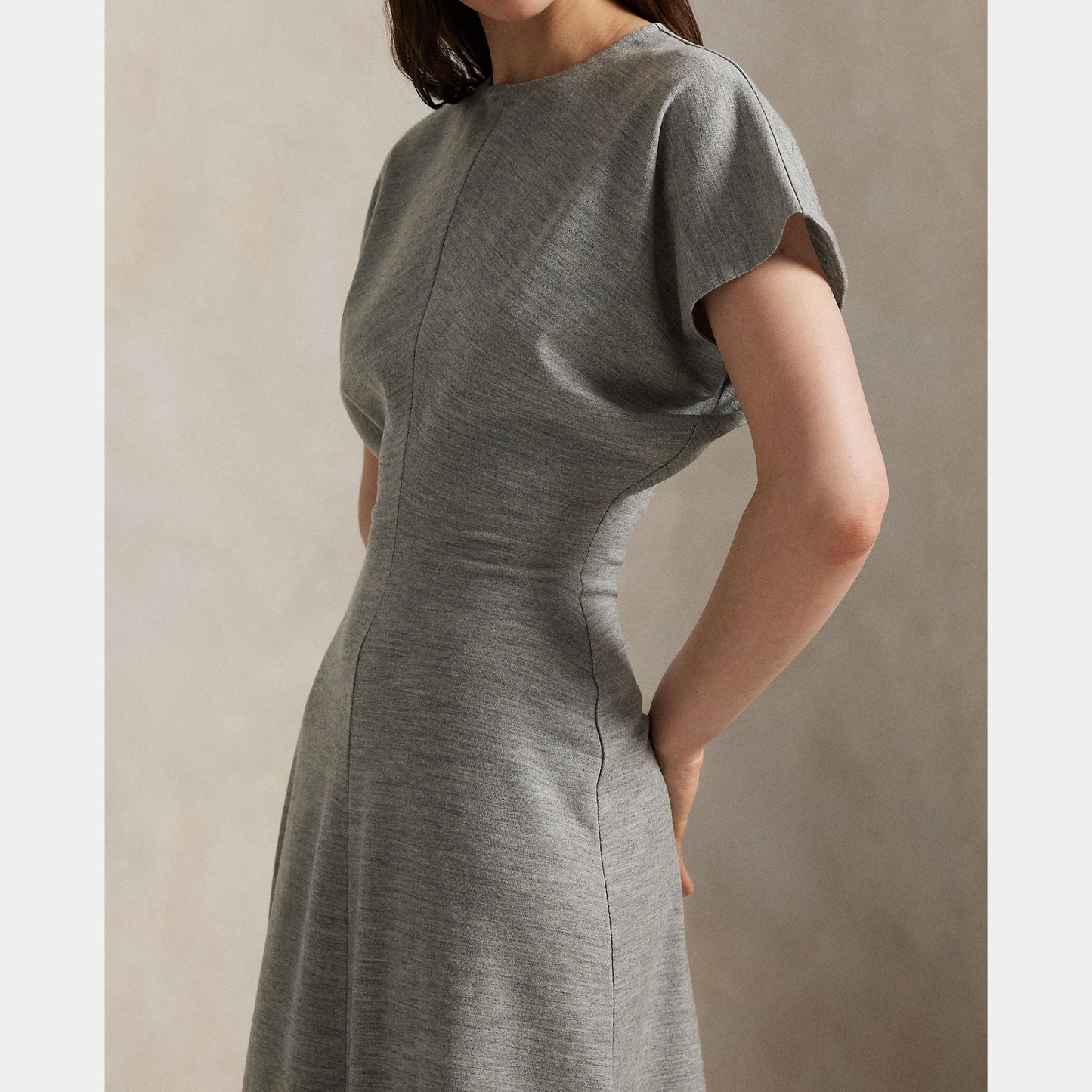 Model wearing Polo Ralph Lauren - Wool Jersey Knit Crew Neck SS A Line Dress in Light Smoke Heather.