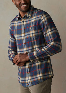 Model Wearing The Normal Brand - Hudson Double Brushed Flannel In Eventide Plaid.