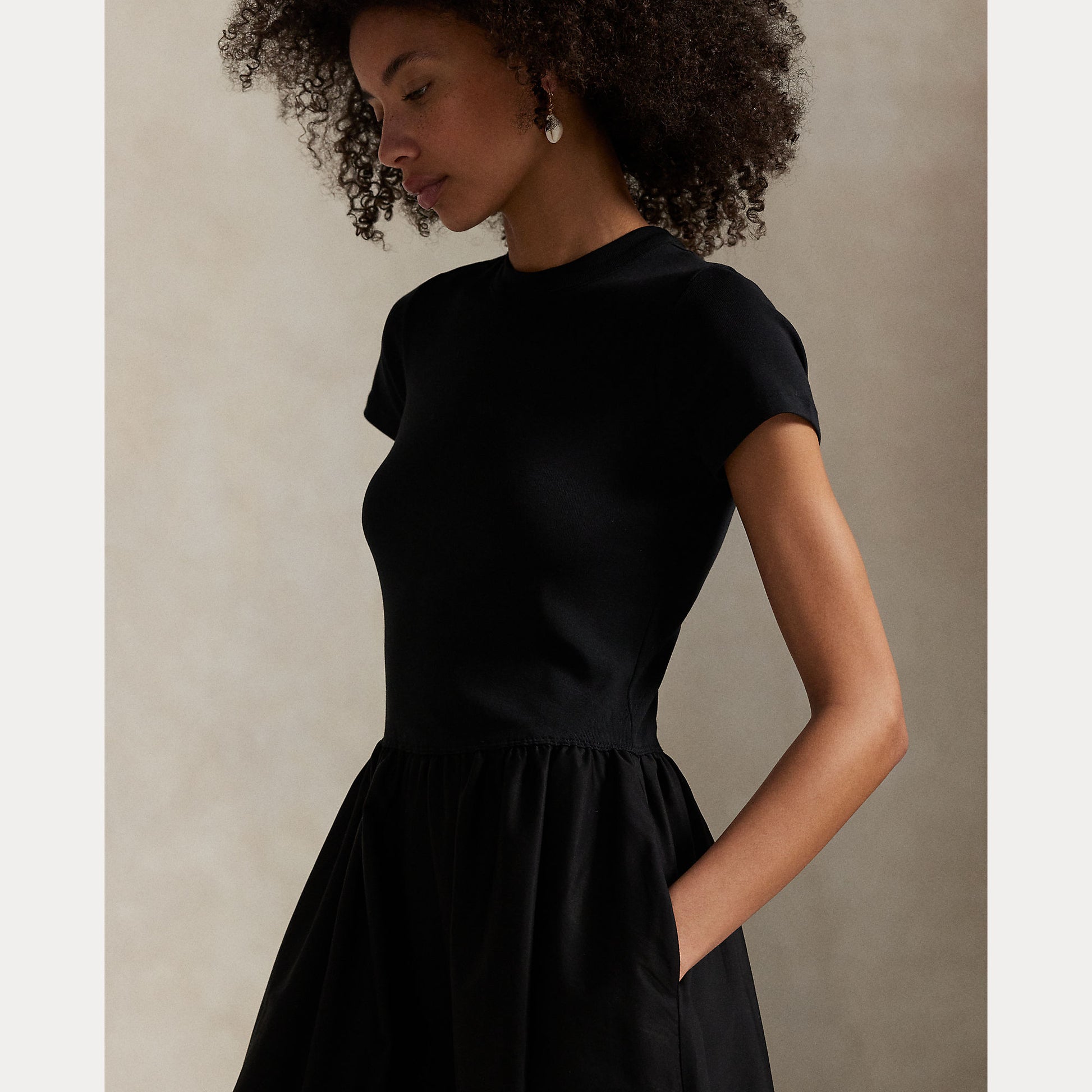 Model wearing Polo Ralph Lauren - Crewneck SS A-Line Dress in Black.