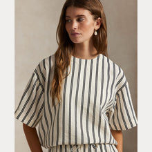 Load image into Gallery viewer, Model wearing Polo Ralph Lauren - Silk Nylon SS Crew Neck Blouse in White/Black Stripe.
