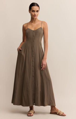 Model wearing ZSupply Angel Eyes Midi Dress in Tiki.