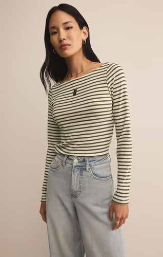 Model wearing ZSupply Pristine Striped LS Tee in Fern.