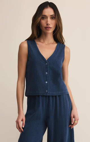 Model wearing ZSupply Solace Jersey Denim Top Indigo.