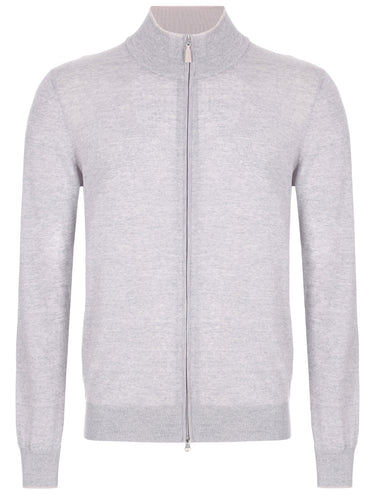 Gran Sasso - Full Zip Pima Cotton Cardigan Sweater in Light Grey.