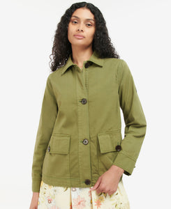 Model wearing Barbour Zale Casual in Olive tree.