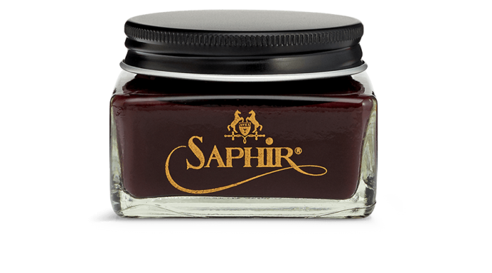 Saphir shell cordovan shoe cream in burgundy.