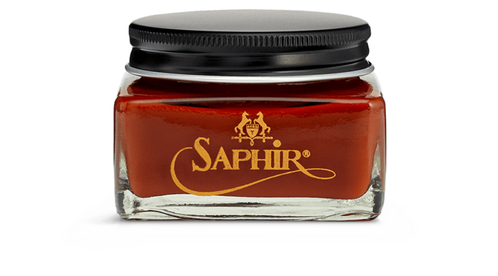 Saphir calfskin cream shoe polish in cognac.