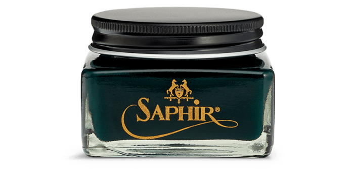 Saphir calfskin cream shoe polish in dark green.