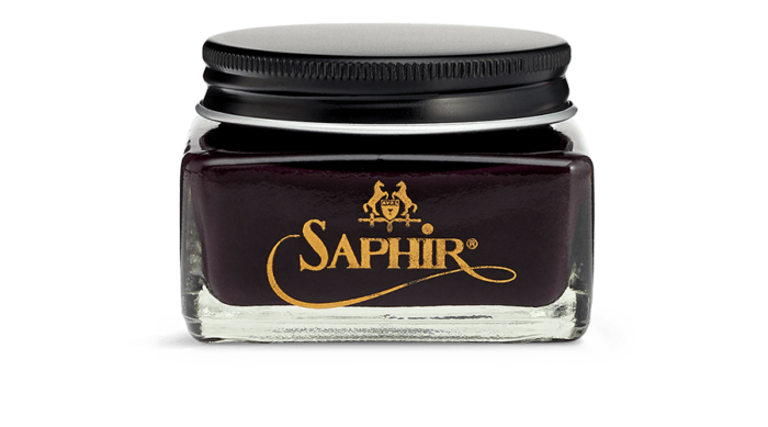 Saphir calfskin cream shoe polish in burgundy.