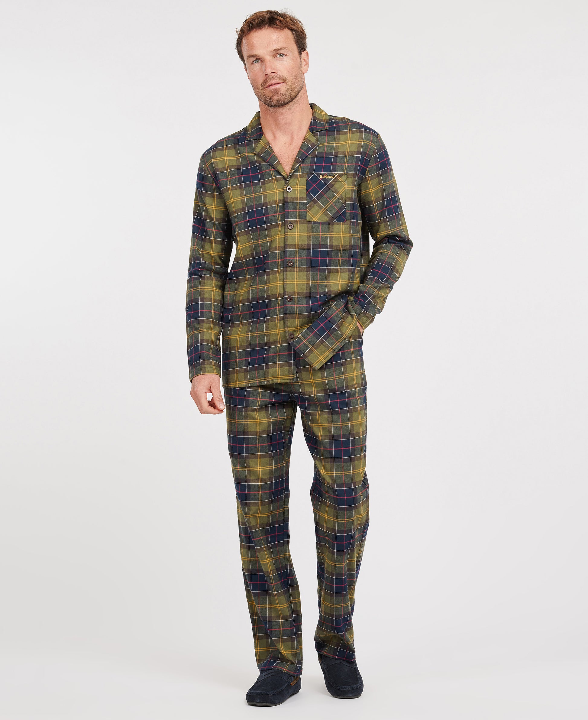 Model wearing Barbour Laight PJ Set in Classic Tartan.