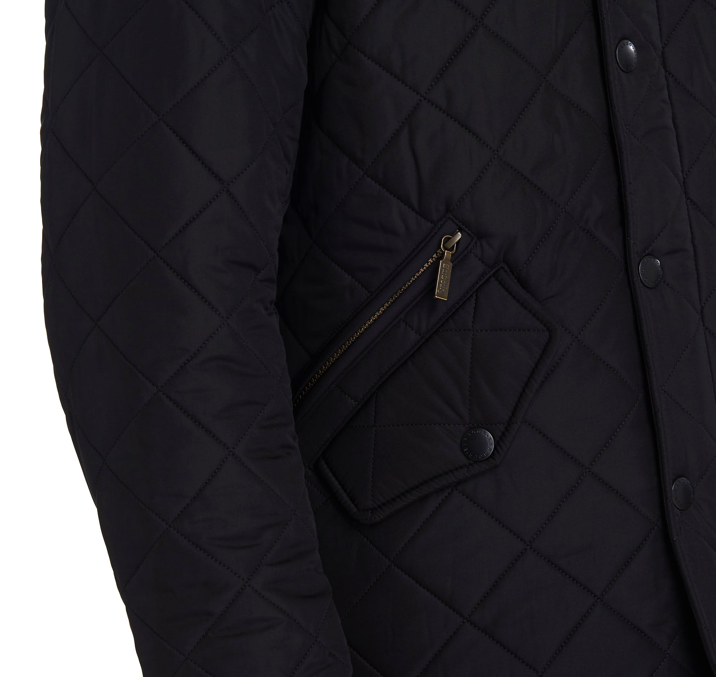 Pocket of Barbour Powell Quilt jacket in black.