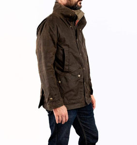 Model wearing Tom Beckbe Tensaw jacket in rye brown.