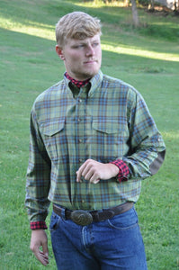 Model Wearing BraeVal Paddock BraeLoch Shirt in Green Check.