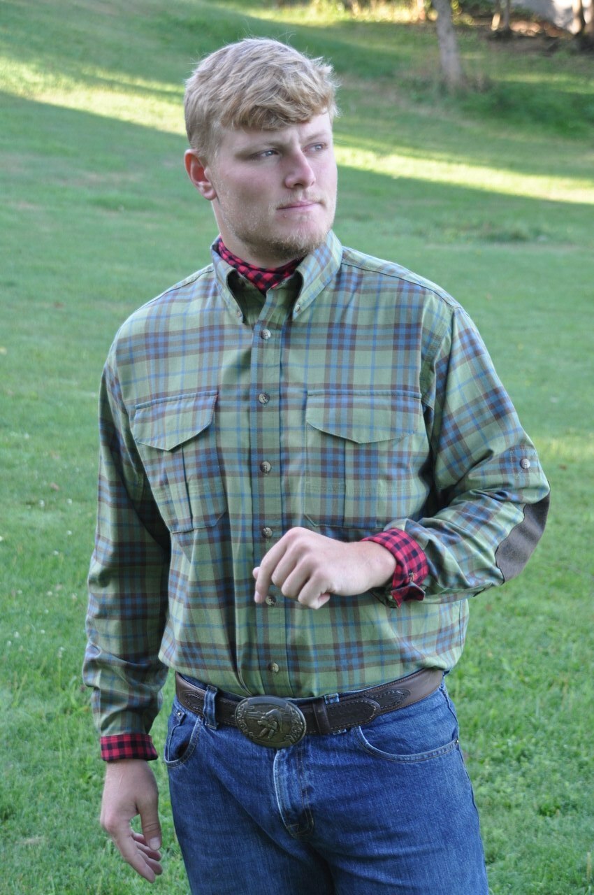 Model Wearing BraeVal Paddock BraeLoch Shirt in Green Check.