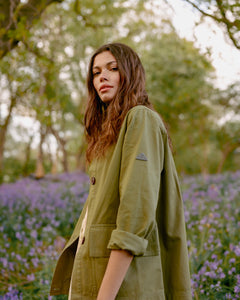 Model wearing Barbour Zale Casual in Olive tree.