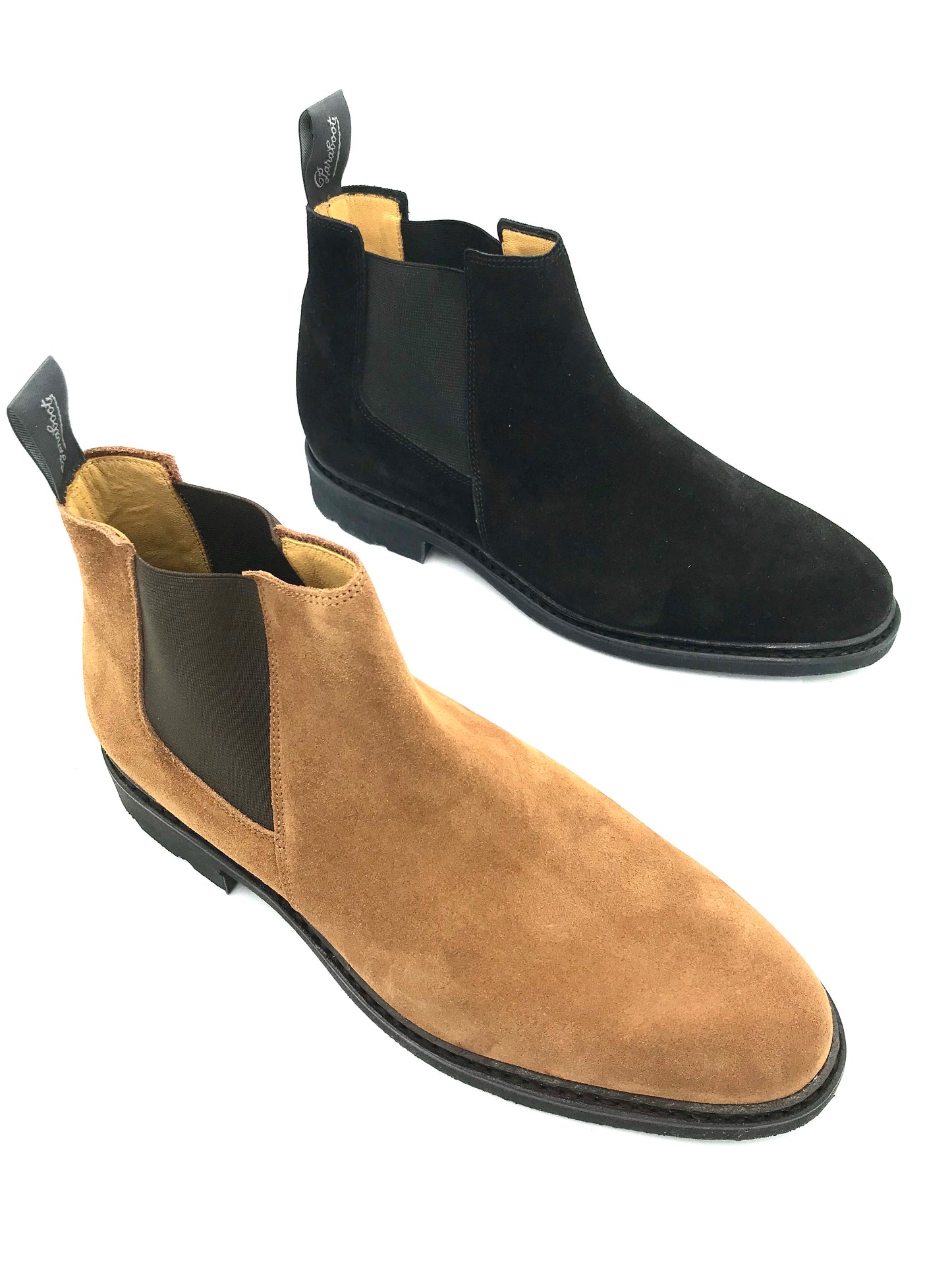 Paraboot Chamfort boot in Velours Cognac and Velours Noir.