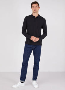 Model wearing Sunspel - Cotton Riviera LS Polo Shirt in Black.