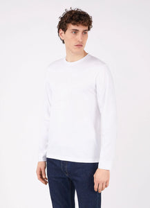 Model wearing Sunspel - Riviera LS Crew Neck Supima Cotton T-shirt in White.