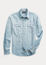 Load image into Gallery viewer, RRL slim fit chambray western shirt in Davey Wash.
