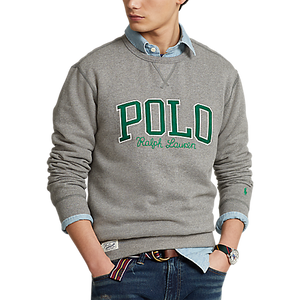 Model wearing POLO Ralph Lauren - L/S RL Fleece Crewneck Sweatshirt with "POLO" Logo Corduroy Applique in Vintage Salt and Pepper Heather.