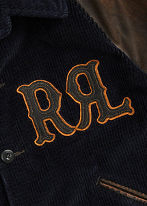 RRL - Appliqued RRL Logo Corduroy Leather-Sleeve Varsity Jacket in Black/Deep Navy.