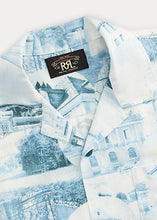 Load image into Gallery viewer, RRL - Postcard-Printed Linen-Cotton S/S Camp Shirt in Cream/Blue.
