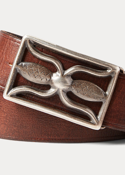 RRL - Leather Hawkins Belt with Metal Buckle in Vintage Brown.