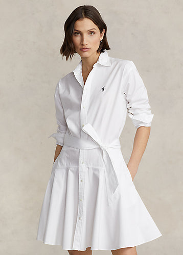 Model wearing Polo Ralph Lauren - Paneled Cotton Shirtdress in White.